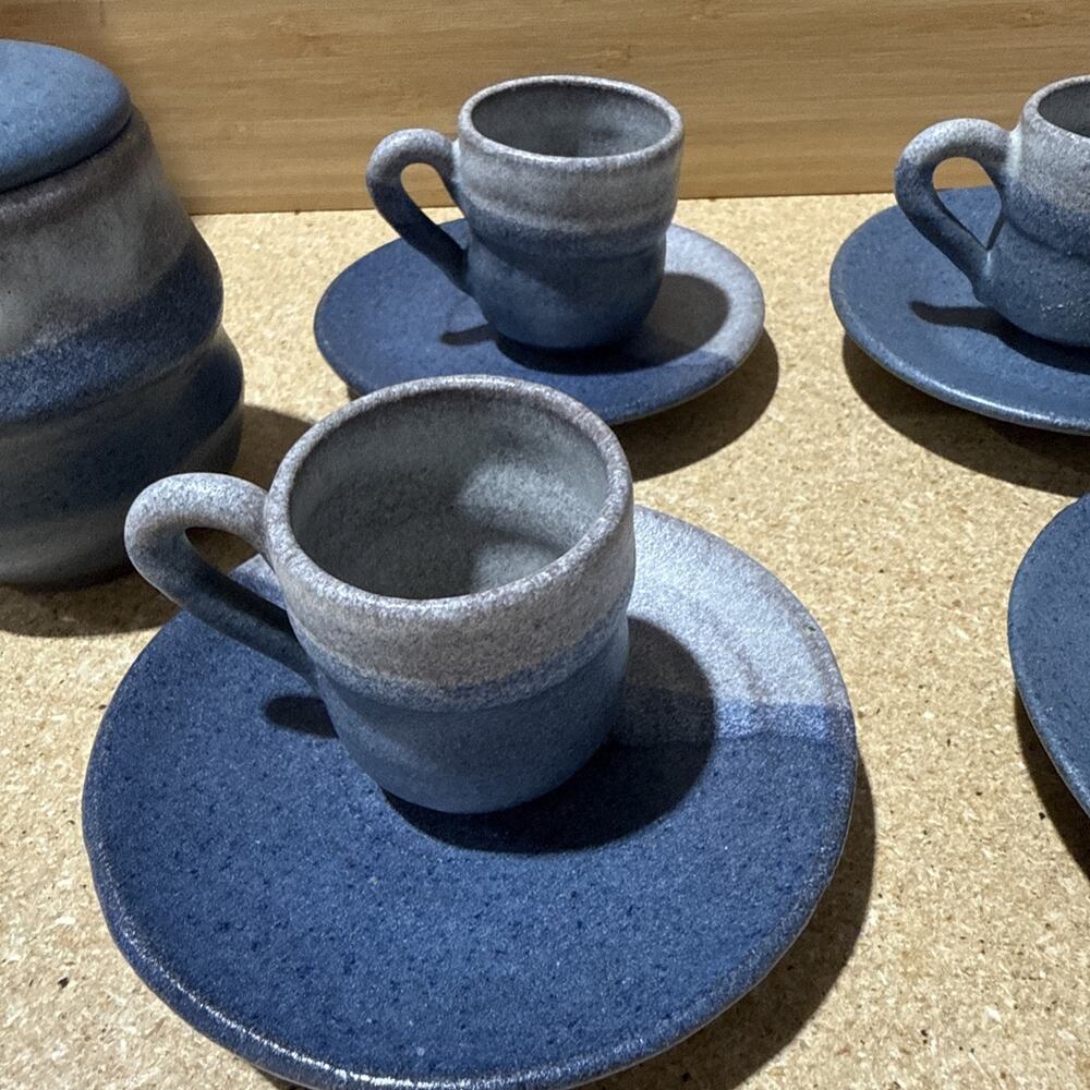 VTG Studio Pottery Blue Gray Espresso Cups & Saucers Sugar Bowl Set - Picture 4 of 16
